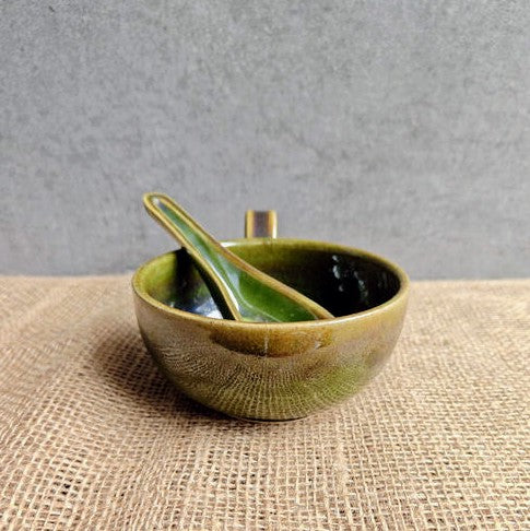 Soup Bowl with Spoon - Olive Green