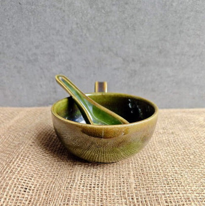 Soup Bowl with Spoon - Olive Green